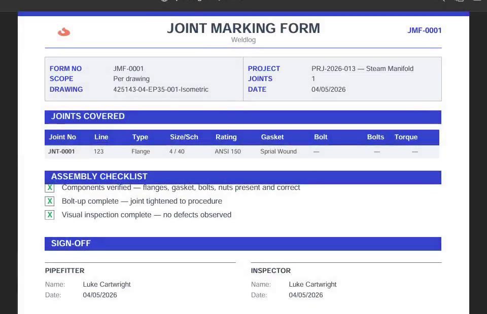 A signed joint marking form from the demo project