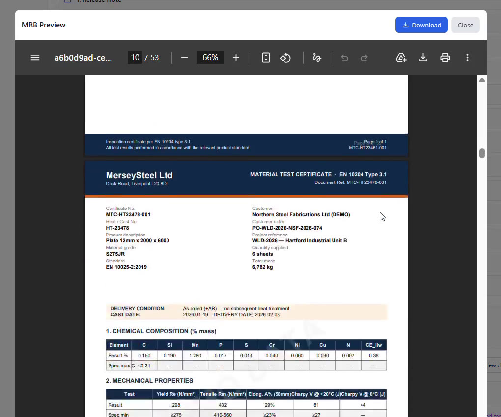 An EN 10204 3.1 material certificate page inside the demo record book