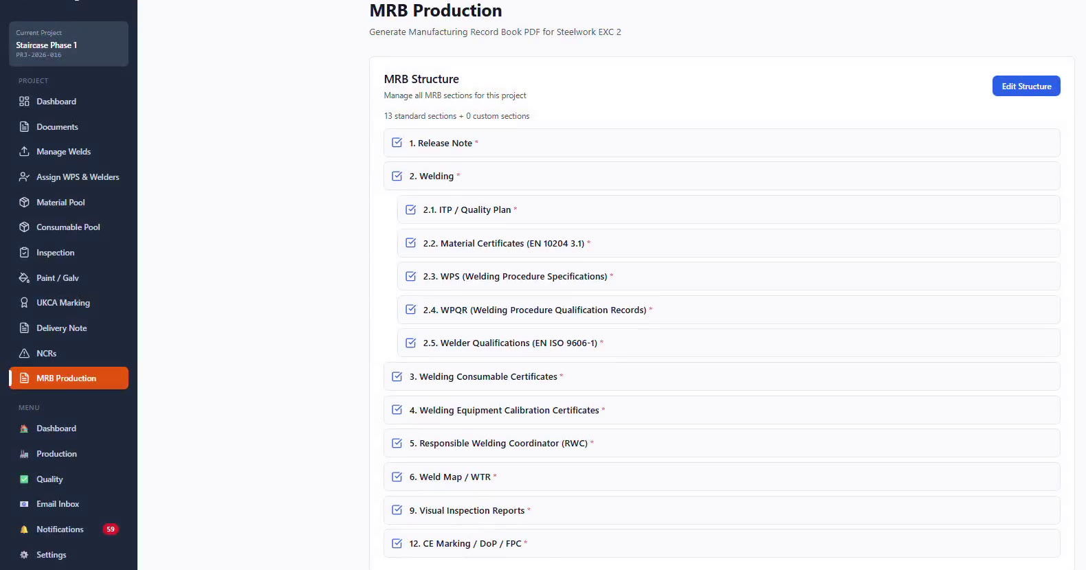 WeldLog MRB Production screen listing the 13 sections of a demo record book