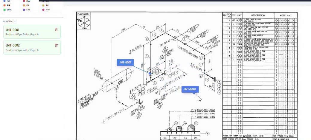 Weld and joint tags placed on a demo pipework isometric